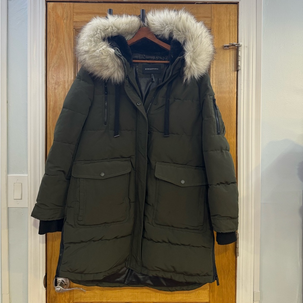 BCBGMaxAzria Dark Green Puffer Jacket with Faux Fur Hood